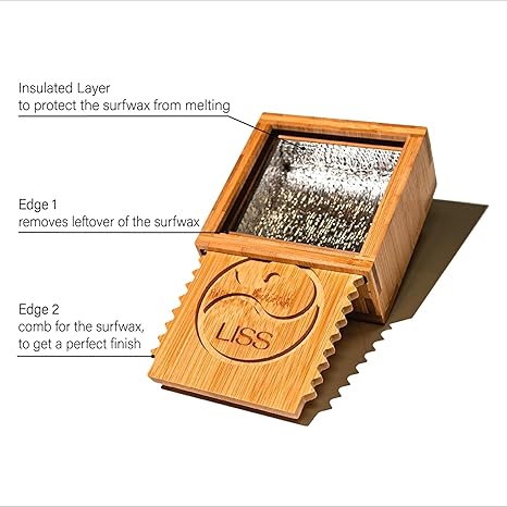 LISS Surf Wax Box Insulated, Bamboo Holder with Insulated Interior, Wax Comb and Remover, Works with All Wax Types - Wax Not Included